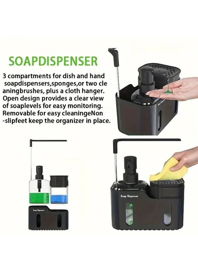 Black 4 in 1 Kitchen Soap Dispenser Set with Sponge Rack Heavy Duty Plastic Sink Organizer - Image 4